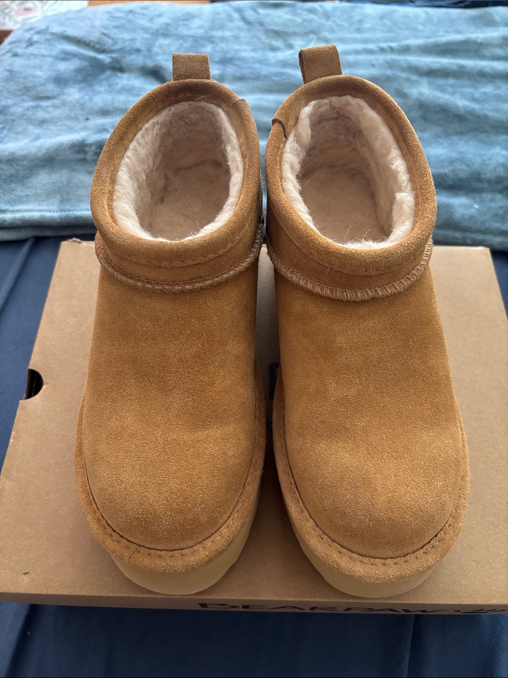 Women’s Bearpaw brand Suede Fleece-Lined Slip-On Boots in Chestnut size 7